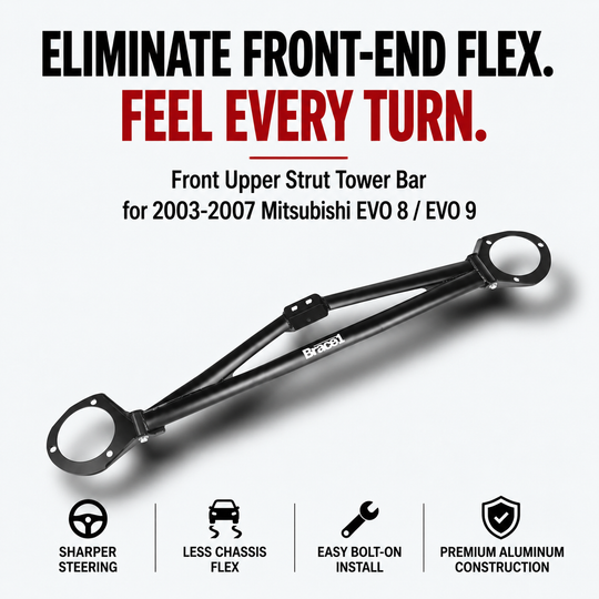 3-Point Front Strut Tower Brace Bar for Mitsubishi Lancer Evolution VIII / IX (Evo 8 & 9) | Black | Precision Fit | Race-Spec Handling Upgrade