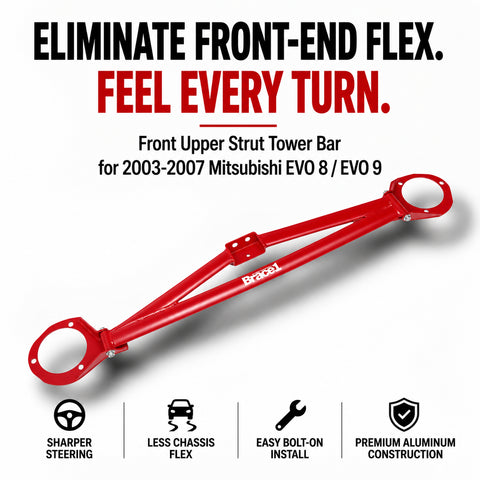 3-Point Front Strut Tower Brace Bar for Mitsubishi Lancer Evolution VIII / IX (Evo 8 & 9) | RED| Precision Fit | Race-Spec Handling Upgrade