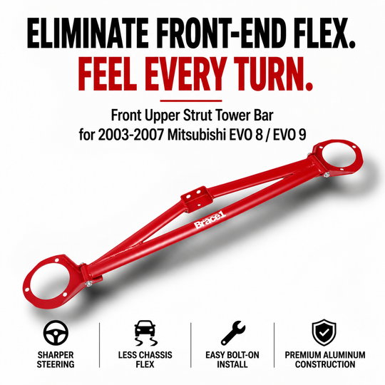 3-Point Front Strut Tower Brace Bar for Mitsubishi Lancer Evolution VIII / IX (Evo 8 & 9) | RED| Precision Fit | Race-Spec Handling Upgrade